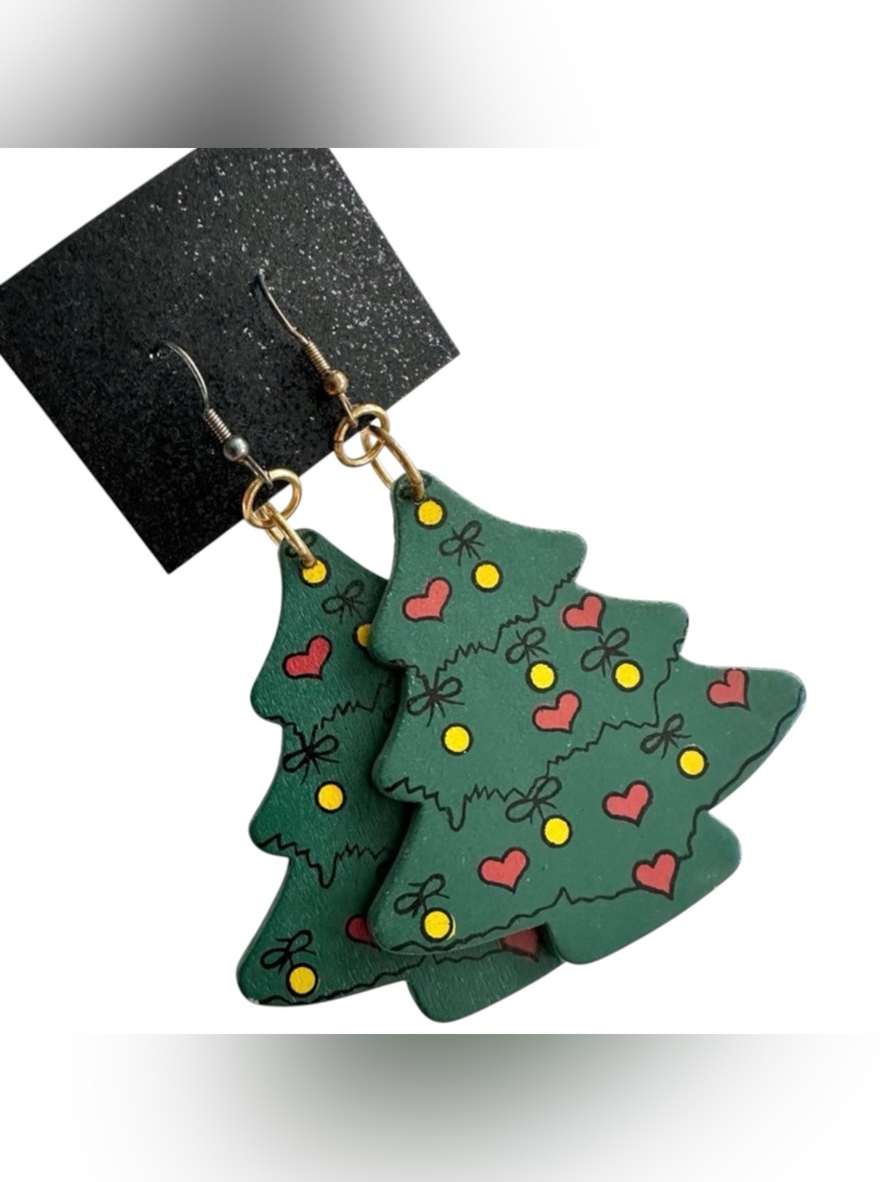 Vintage Hand-Painted Wooden Christmas Tree Dangle Earrings – Holiday Statement